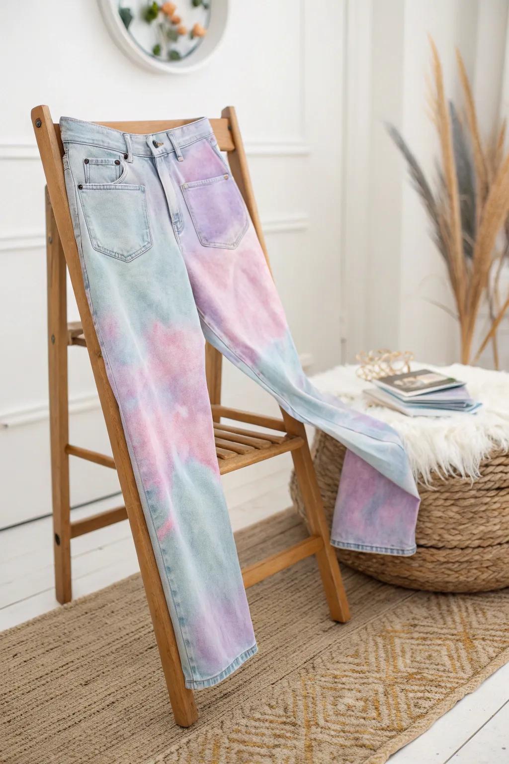 Add a splash of color to your wardrobe with these stunning tie-dye jeans!