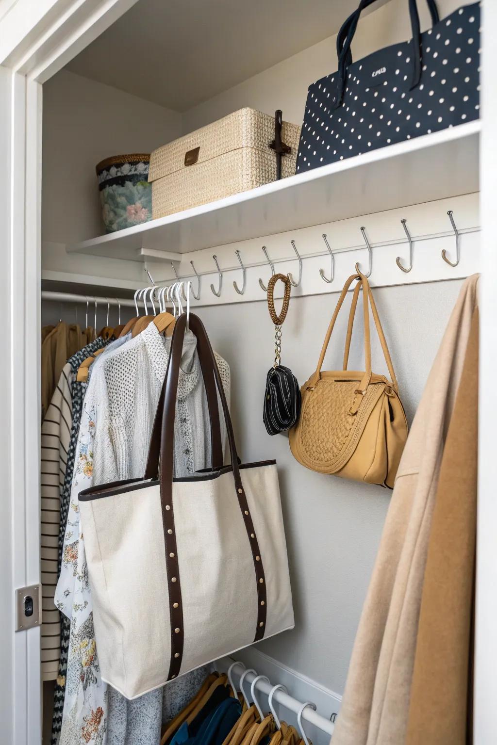 Hooks and pegs provide easy access and organization for accessories.