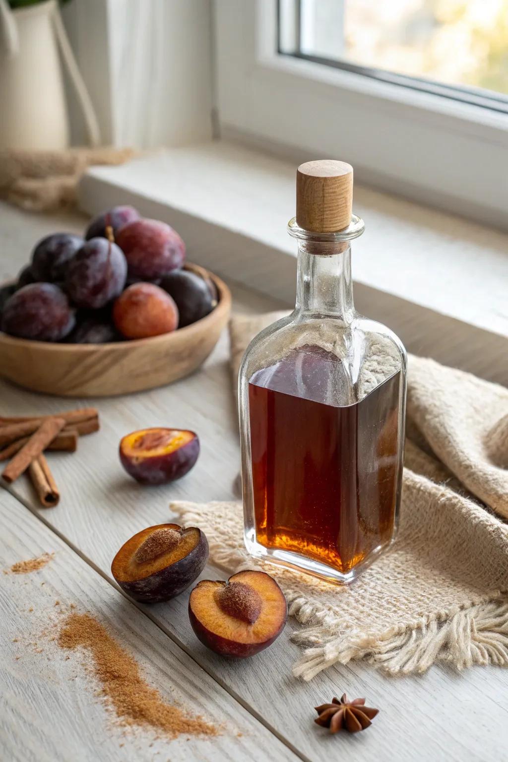 Savor the cozy elegance of Plum-Cinnamon Brandy, a perfect companion for your serene evenings.
