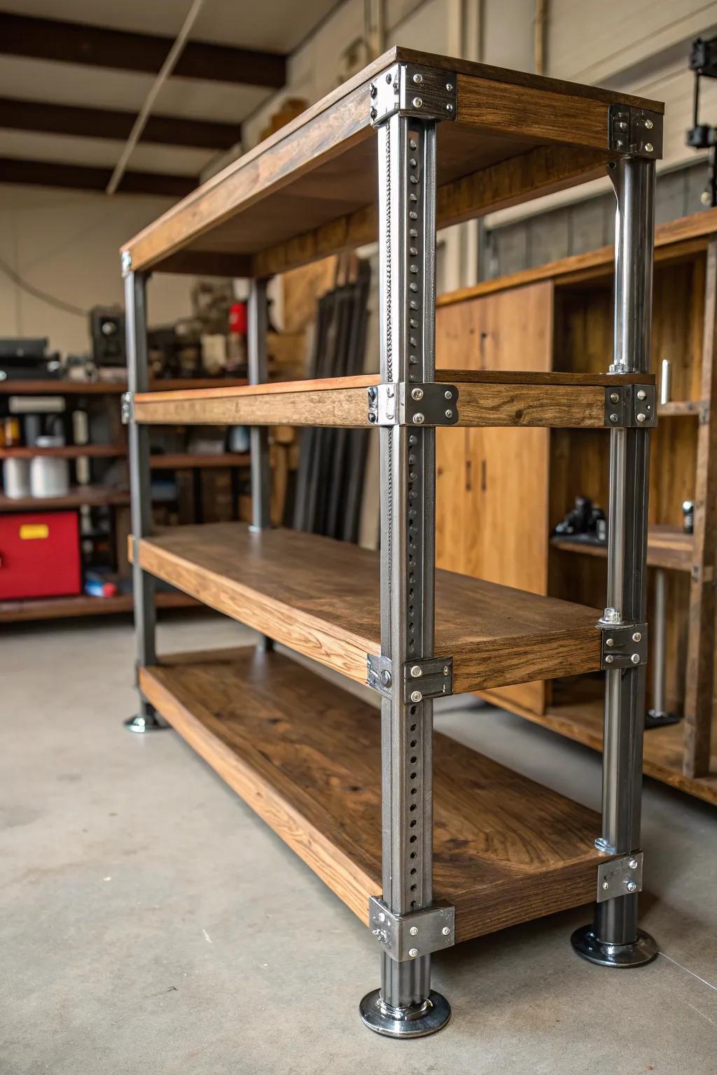 Elevate your garage organization with multi-purpose shelving that seamlessly integrates jack stands.