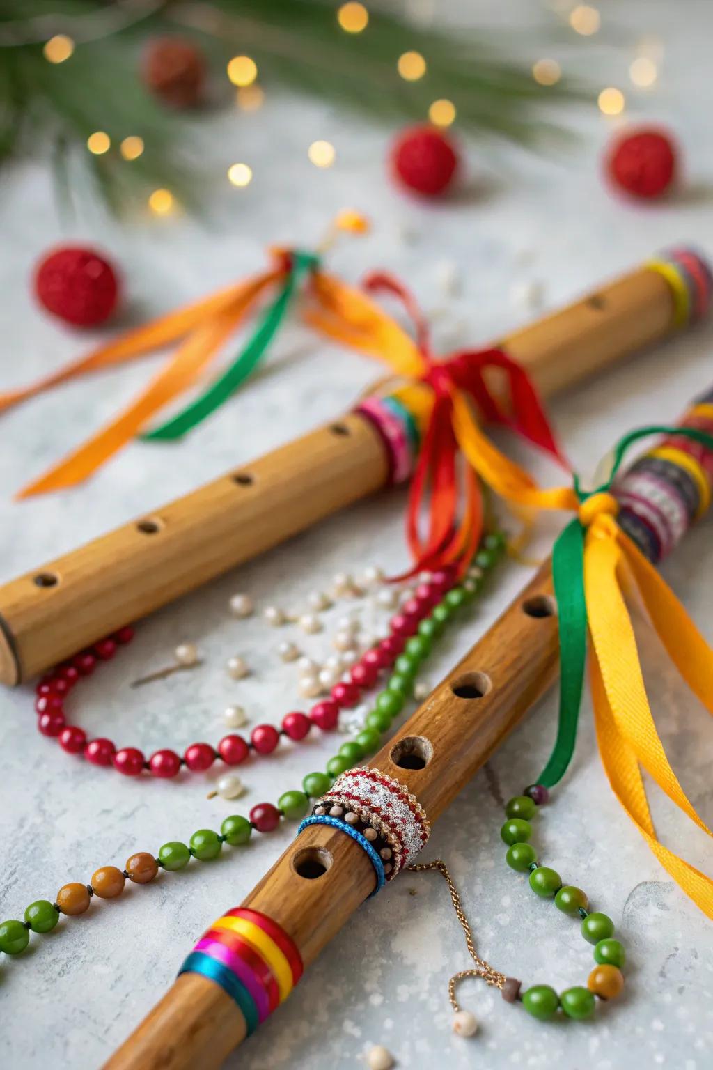 Flute decor honors Krishna's musical charm with artistic flair.