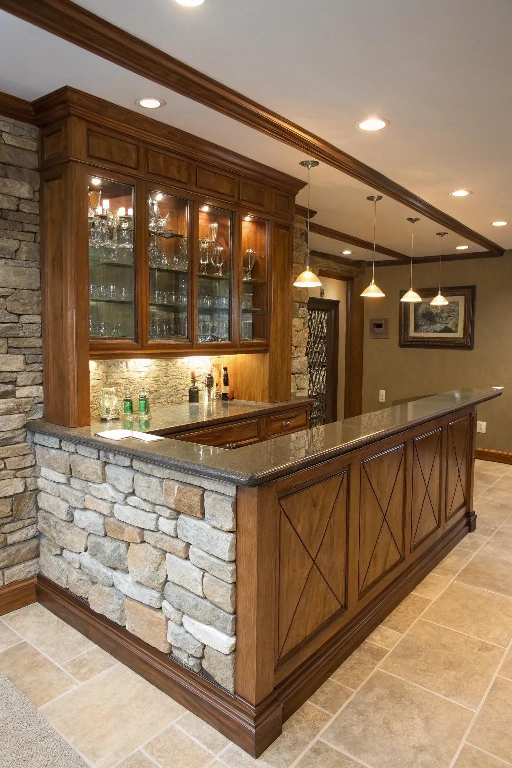 A visually intriguing L-shaped wet bar with a mix of varied materials.