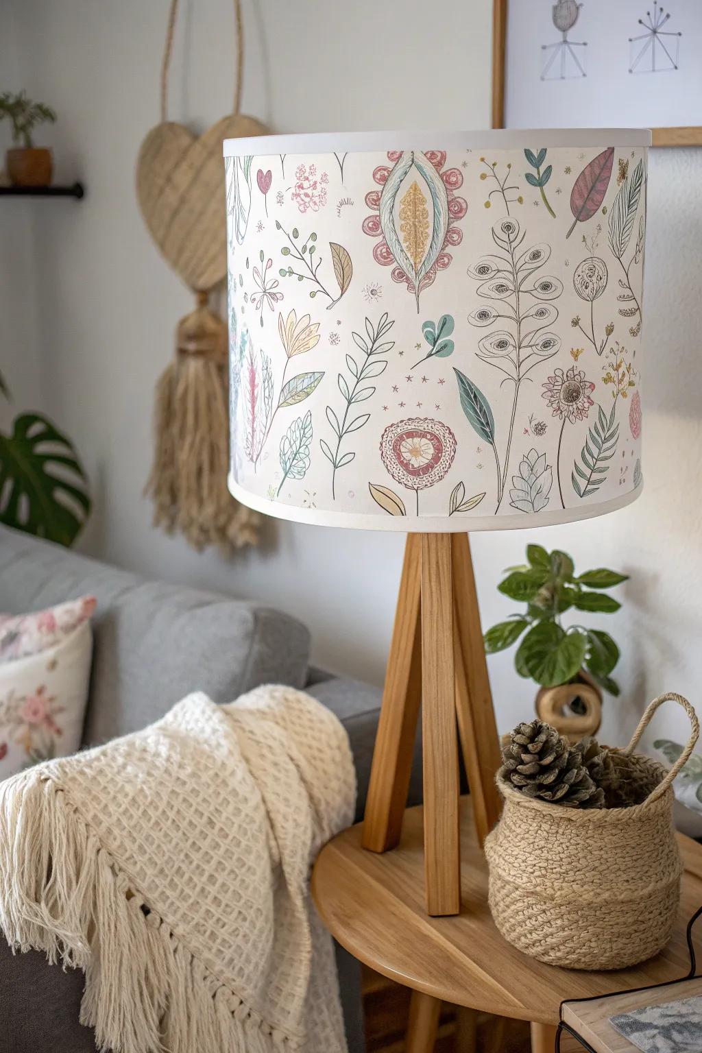 Add a playful touch to your space with hand-painted whimsical doodles on a minimalist lampshade.