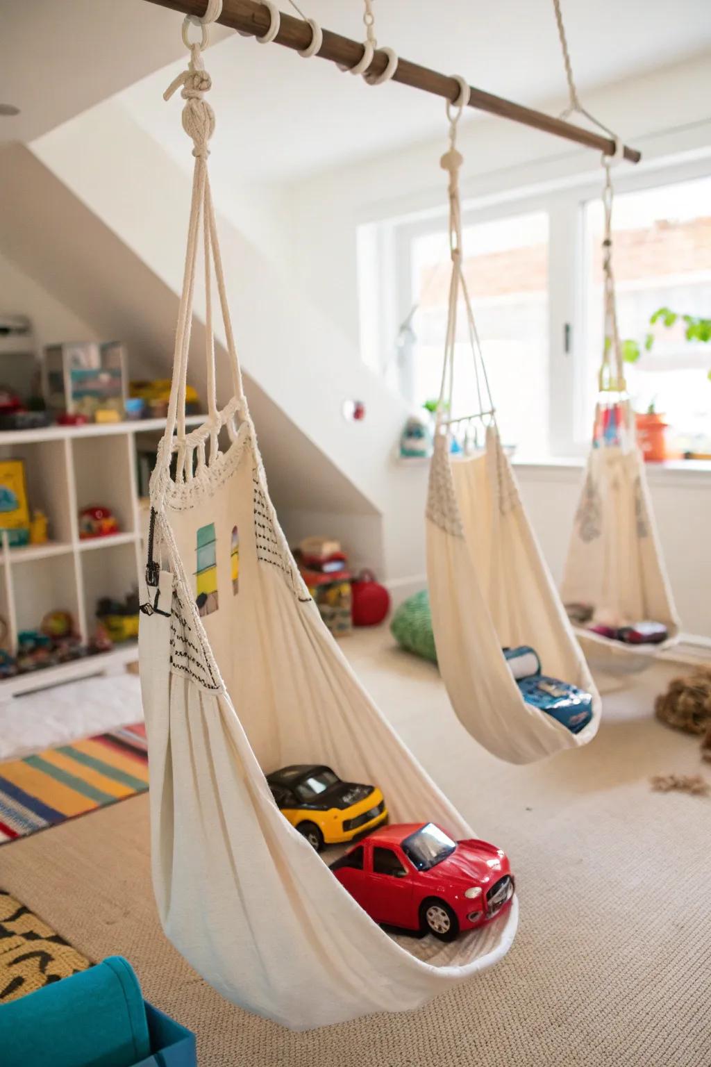 Hammocks provide whimsical and space-saving storage.