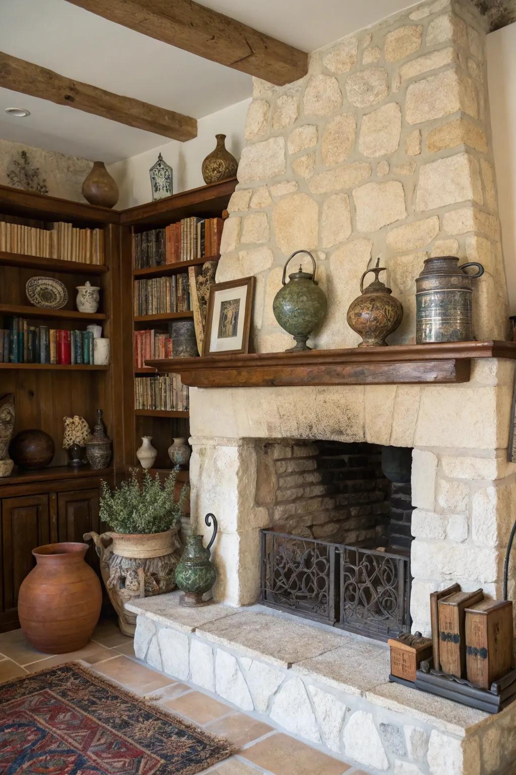 Farmhouse style brings charm to a light stone fireplace.