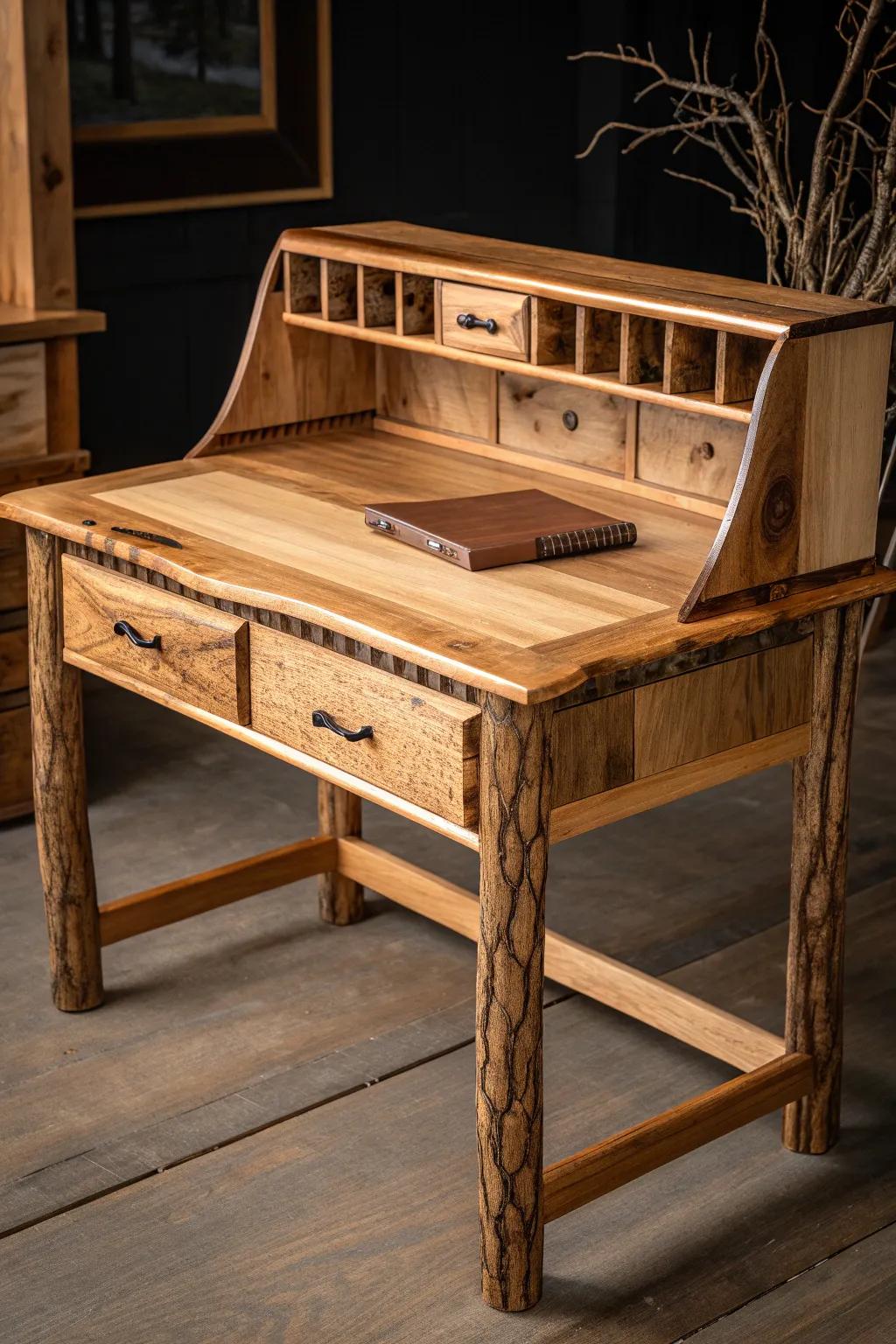 Elevate your workspace with the timeless beauty of a handcrafted hickory log desk.