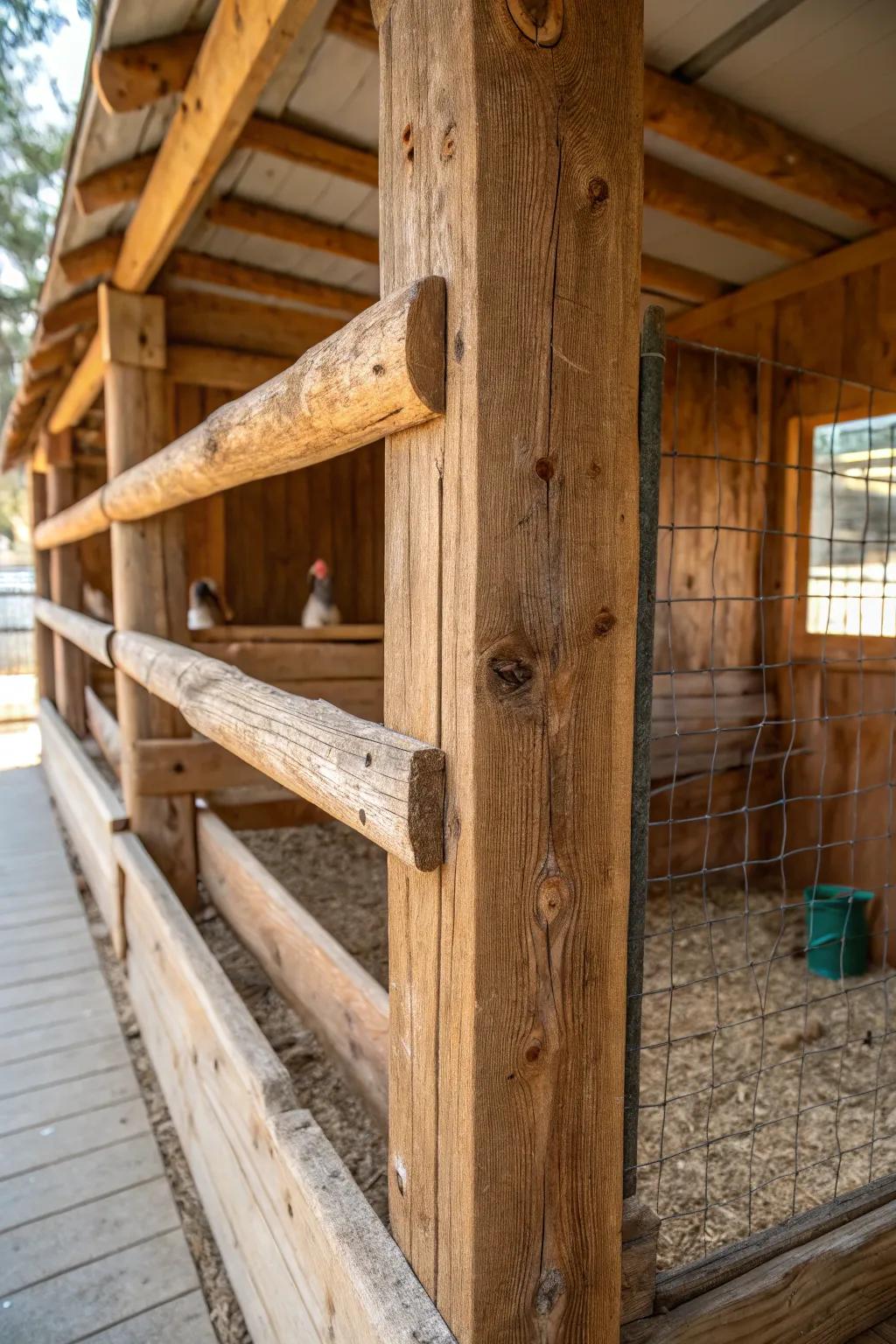 Elevate your coop with rustic charm: repurposed fence post roosts.