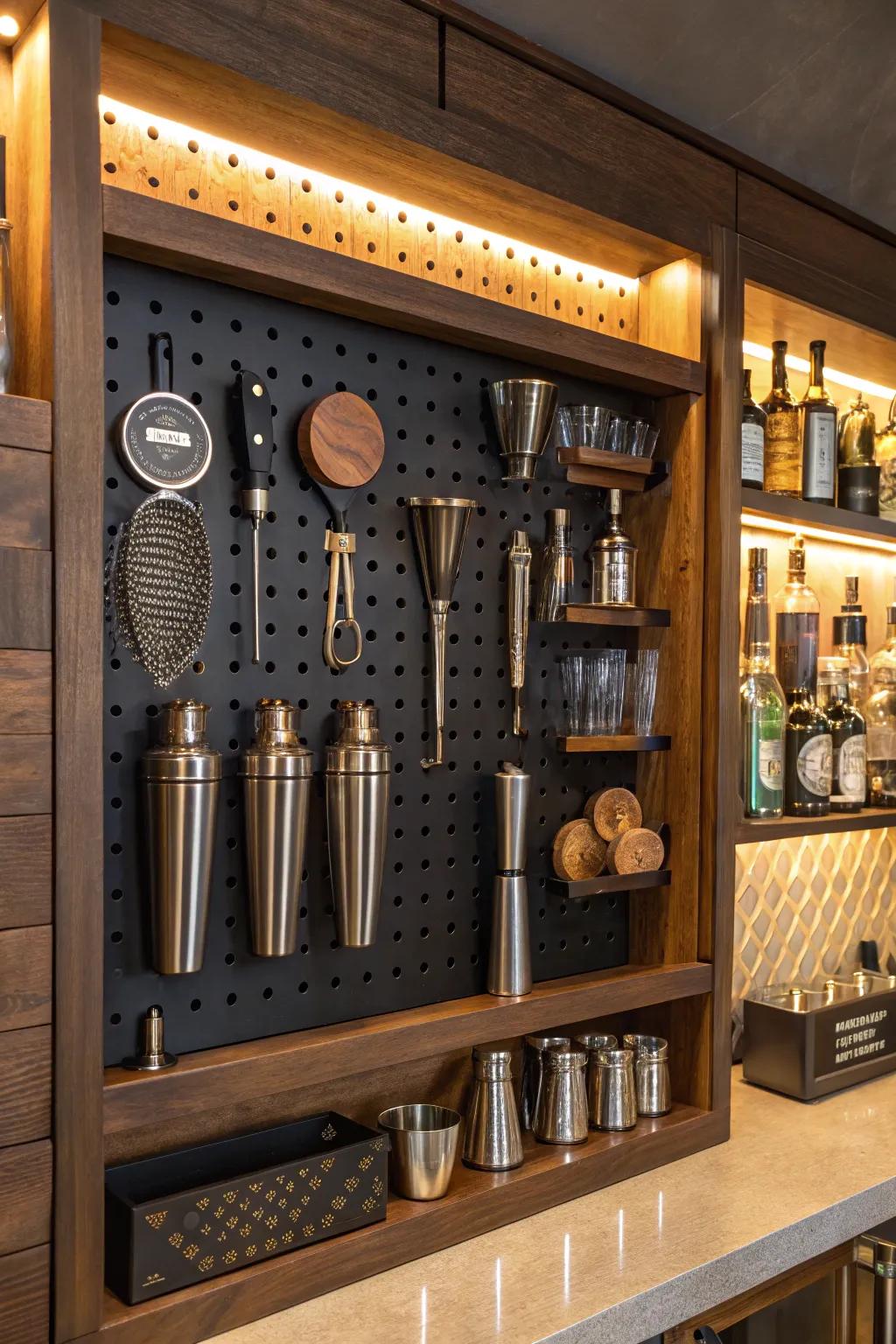 Elevate your man cave bar with this sleek and functional pegboard organizer—style meets practicality.