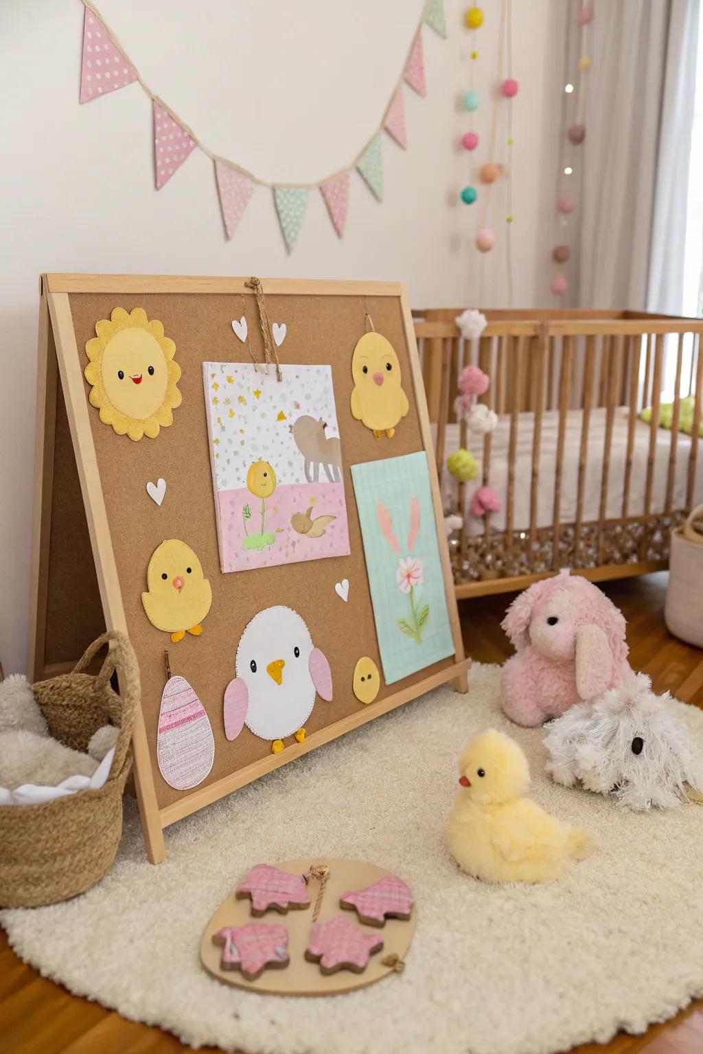 A heartwarming bulletin board featuring springtime baby animals.
