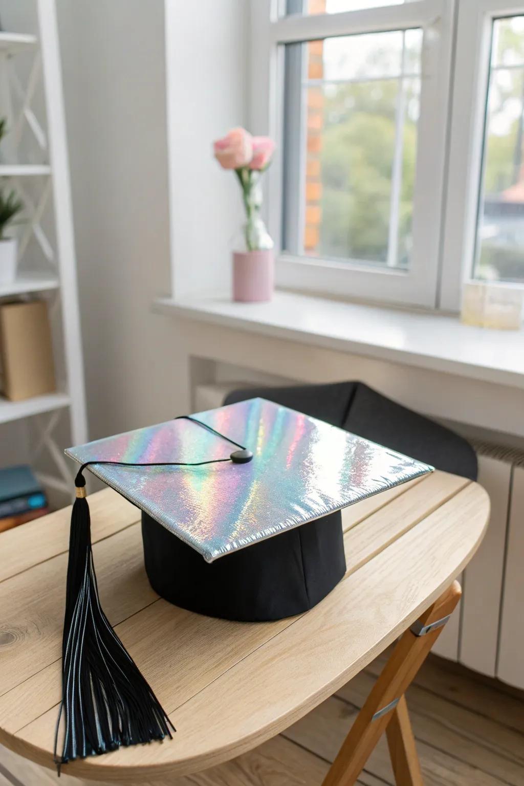 Elevate your graduation cap with a touch of modern magic. Holographic highlights for a stylish celebration.