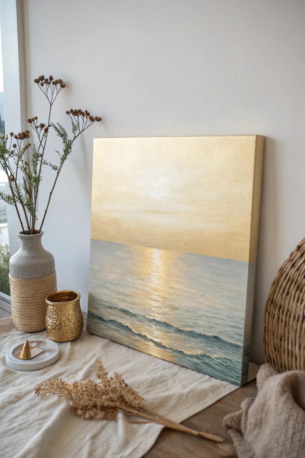 Embrace tranquility with a golden horizon where sky meets sea, a minimalist masterpiece of harmony.