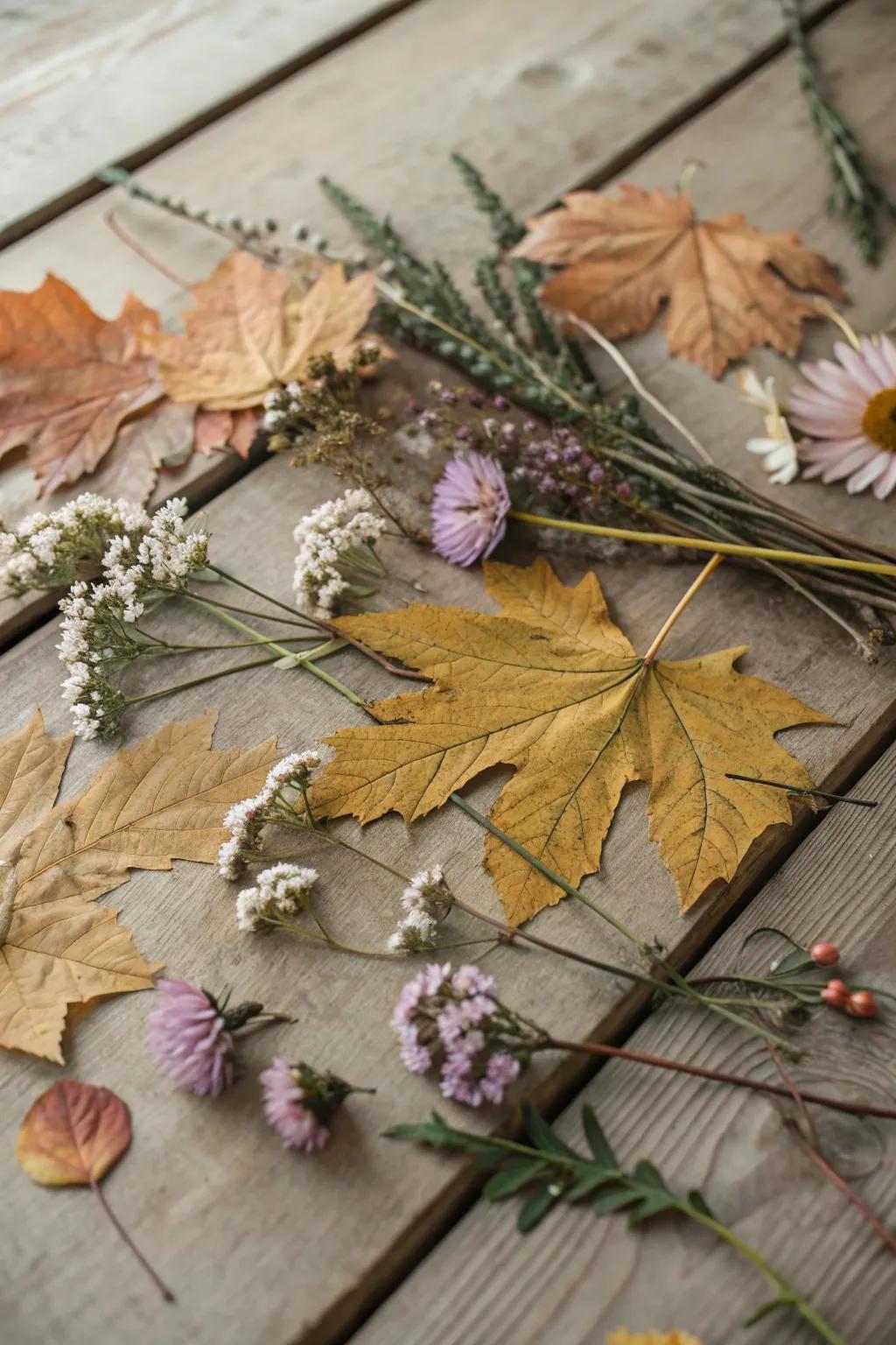 Embrace nature's artistry with this enchanting collage of leaves and blooms.