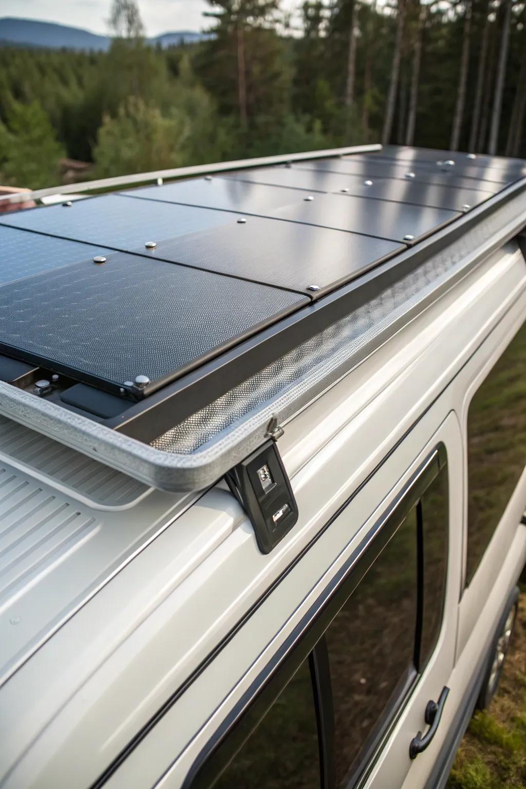 Harness the sun: A masterful blend of design and sustainability with this solar-integrated metal roof for your camper.