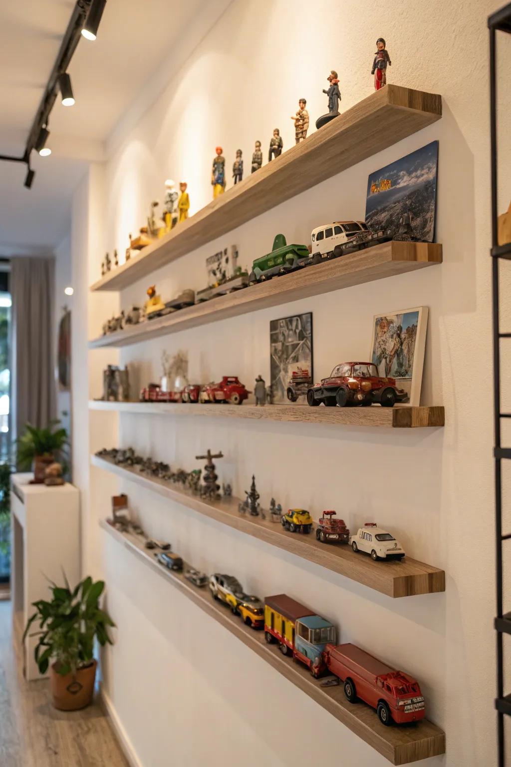 Floating shelves provide a sleek and modern display option.