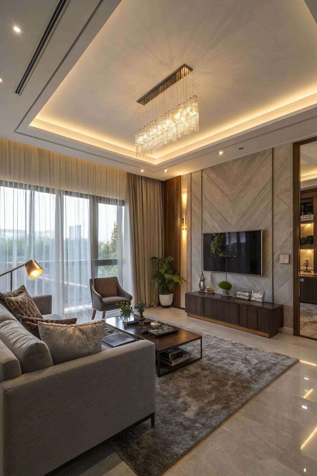 Layered lighting enhancing the depth of a modern living room