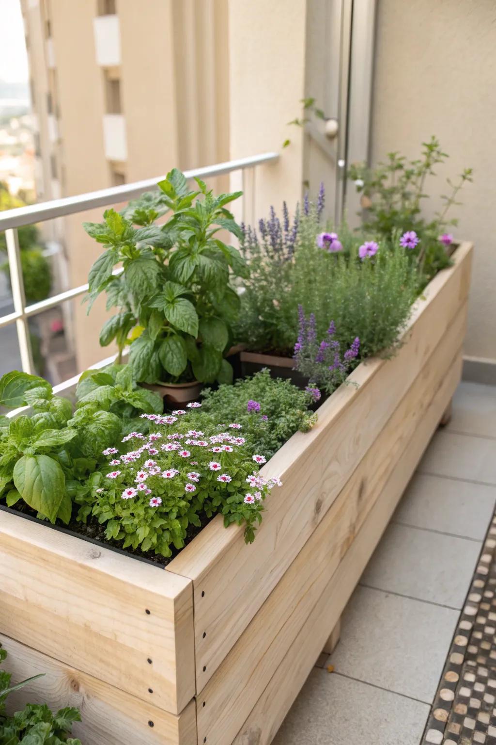 Transform your balcony into a Compact Urban Oasis with a chic raised garden bed, perfect for herbs and blooms!