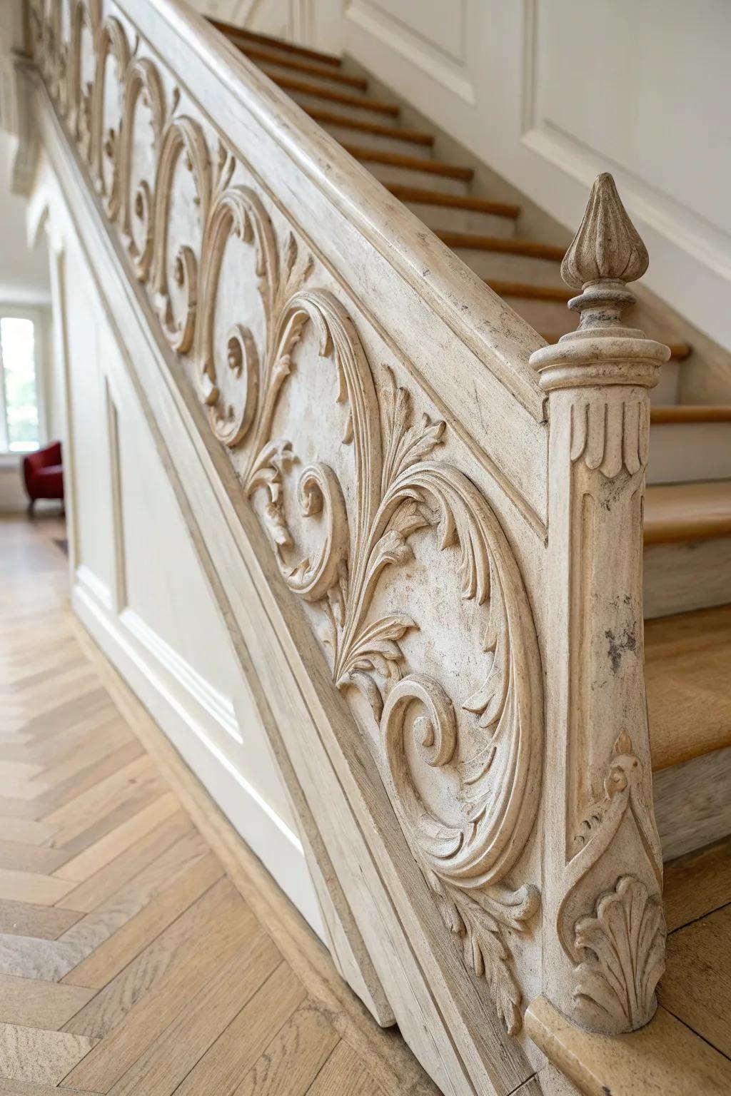 Transform your stairs into a vintage masterpiece with ornate antique-style molding.