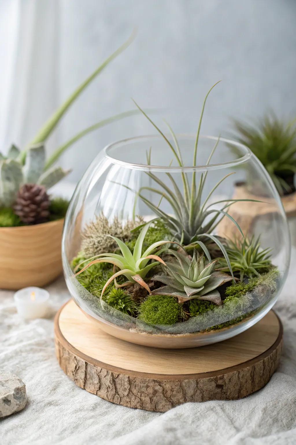 Elevate your space with a touch of nature: a minimalist moss terrarium adorned with exotic air plants.