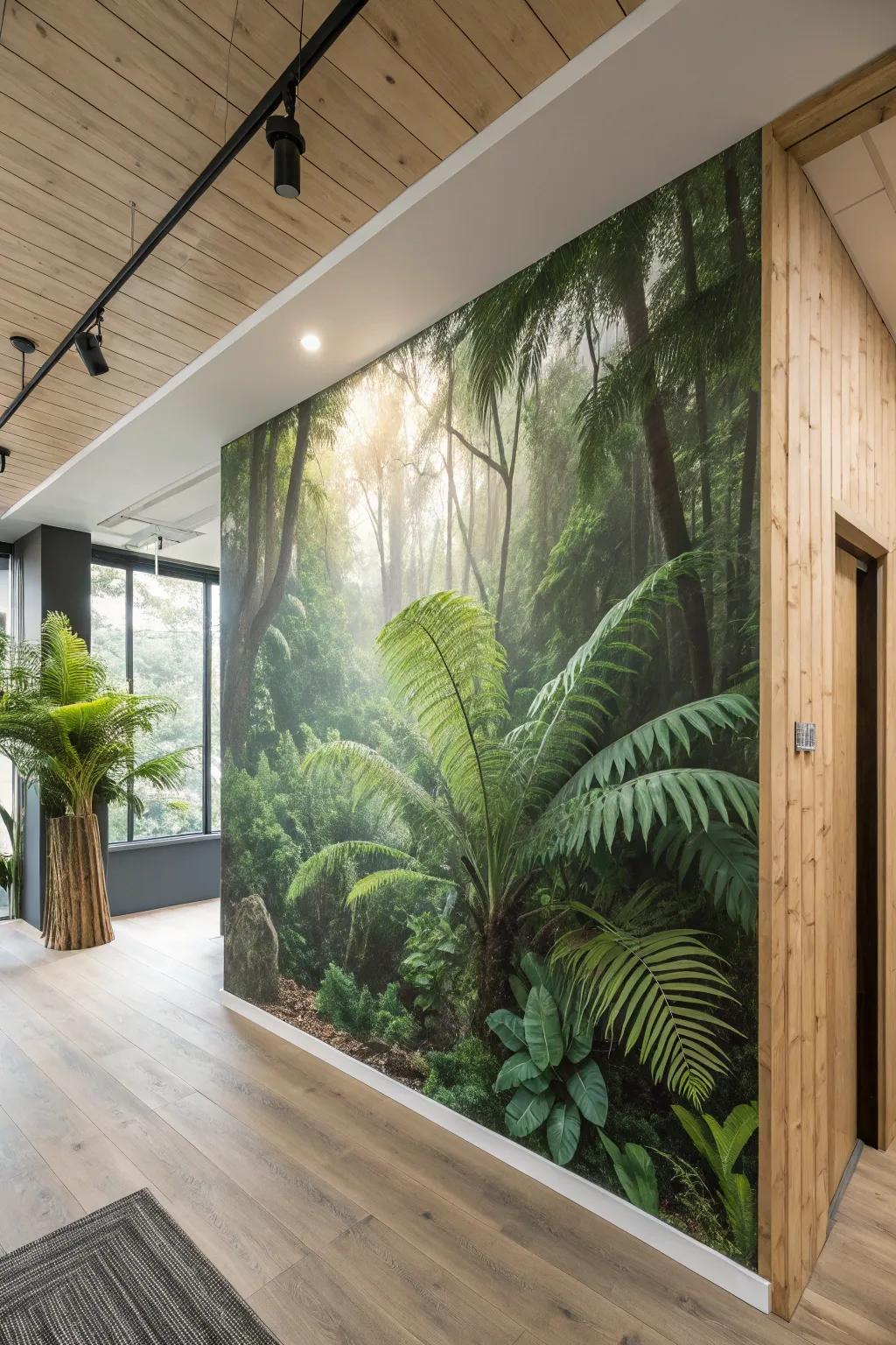 Bring the energy of a tropical rainforest into your space with this stunning mural, perfect for a minimalist boho vibe.