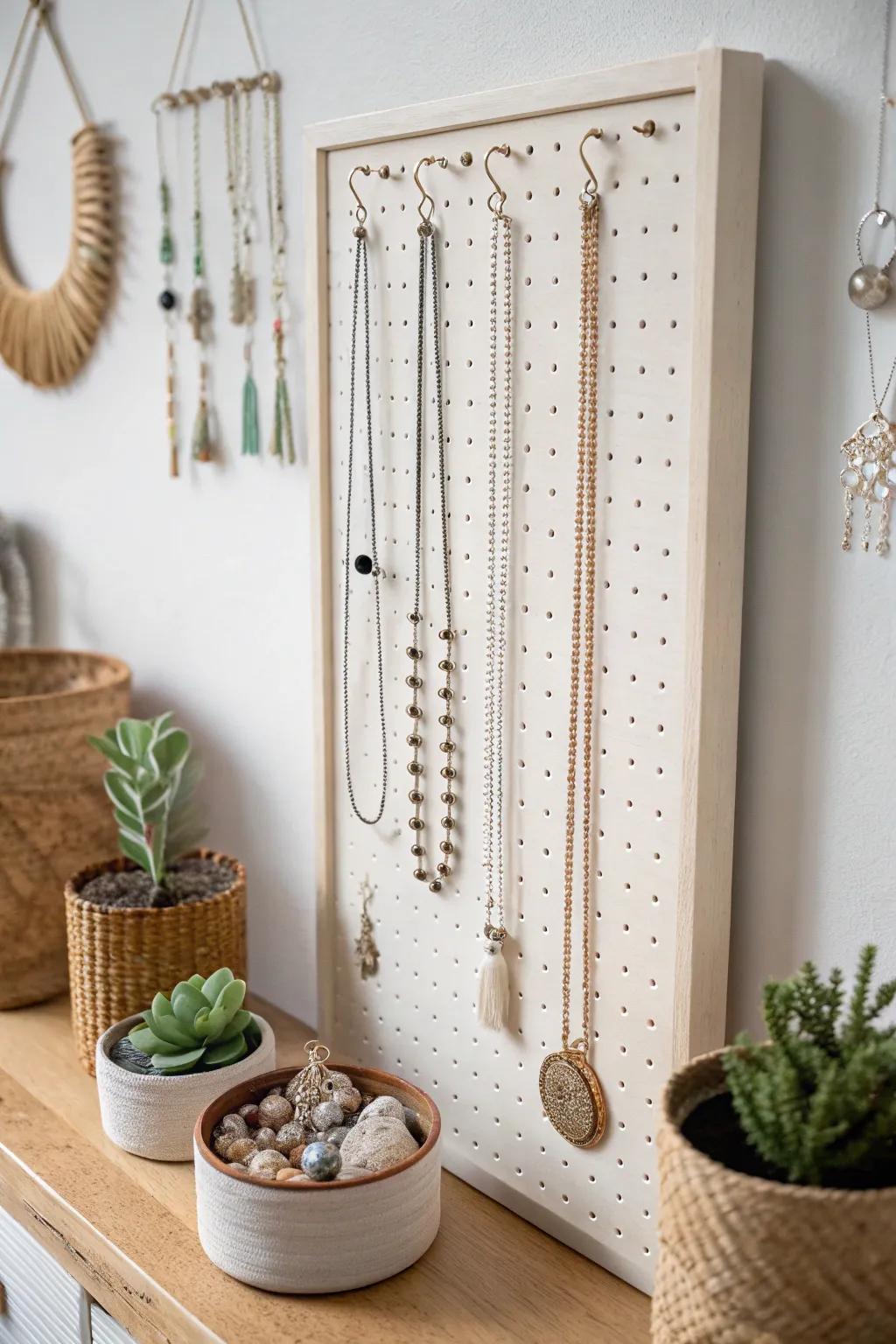 Elevate your necklace storage with a chic, versatile pegboard system that marries Scandinavian minimalism with boho flair.