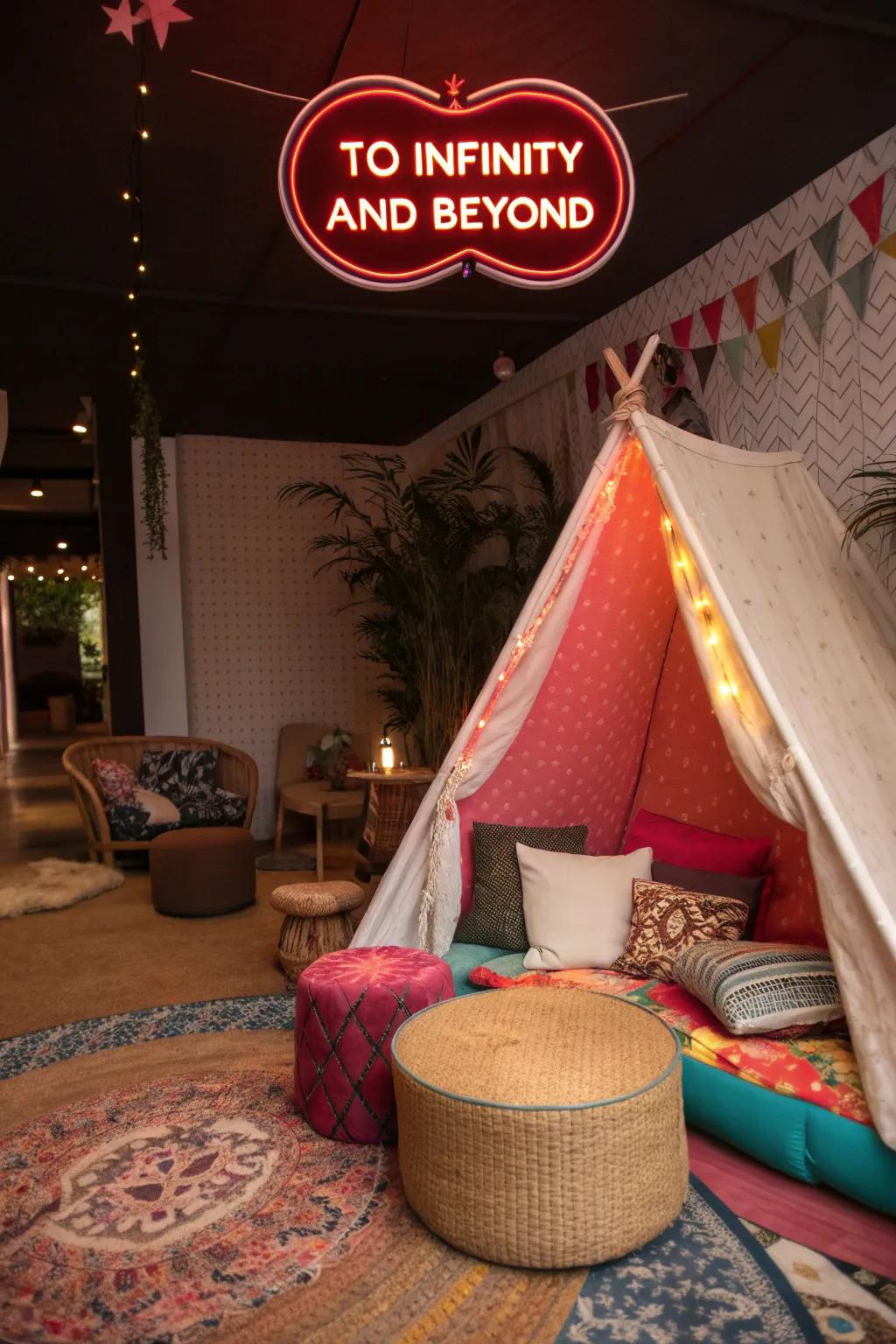 An adventurous den with a 'To Infinity and Beyond' neon sign.