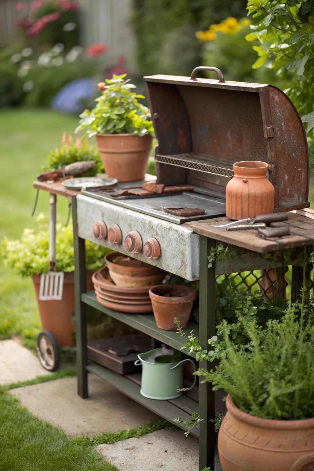 Transform your old grill into a stylish potting bench – where gardening meets craftsmanship.
