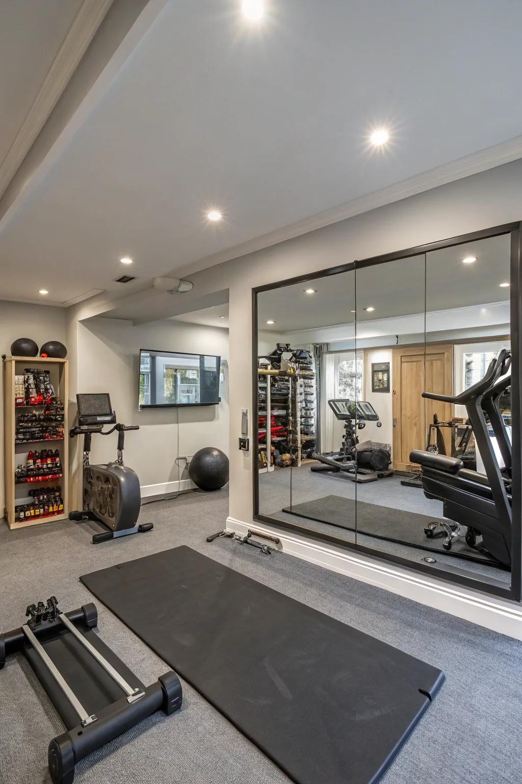 Mirrors that amplify space and aid in fitness routines.