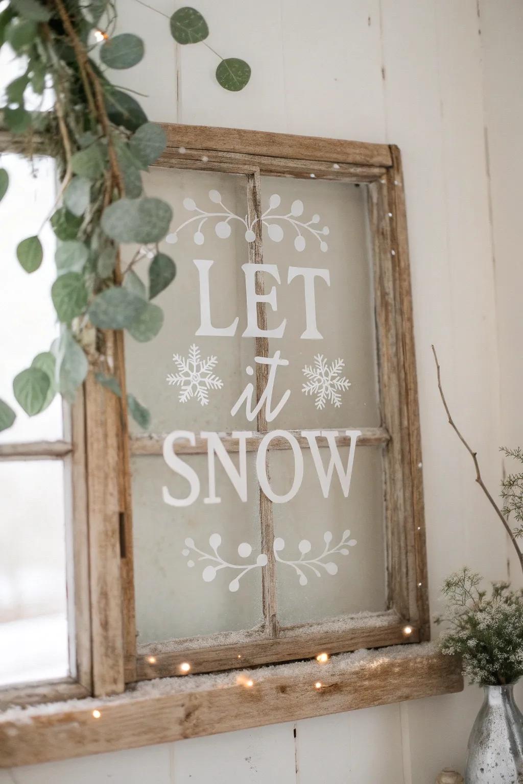 Add a touch of festive charm to your home with a beautifully stenciled Christmas quote on a vintage window frame. #ScandinavianChristmas #MinimalistDecor #BohoElegance