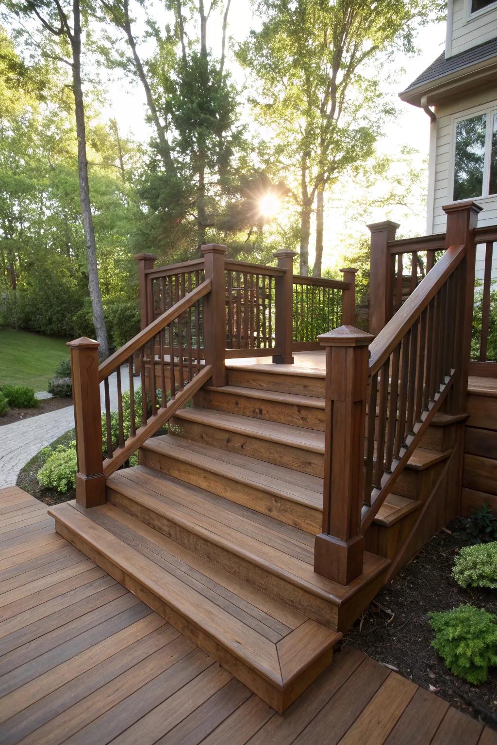 Step into relaxation with these wide, handcrafted deck stairs—where style meets functionality.