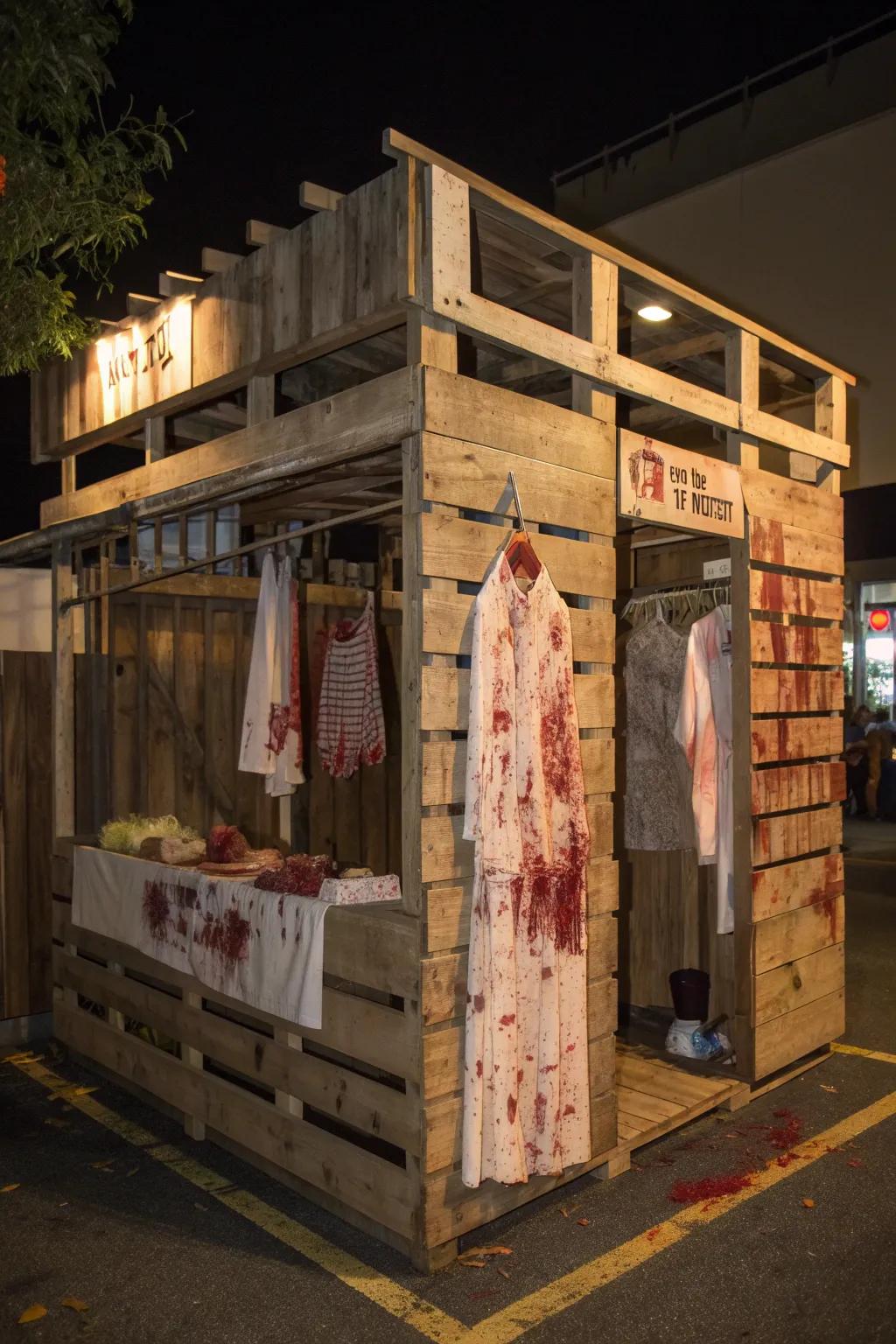 Transform your Halloween with a haunting butcher shop facade, crafted with eerie precision.