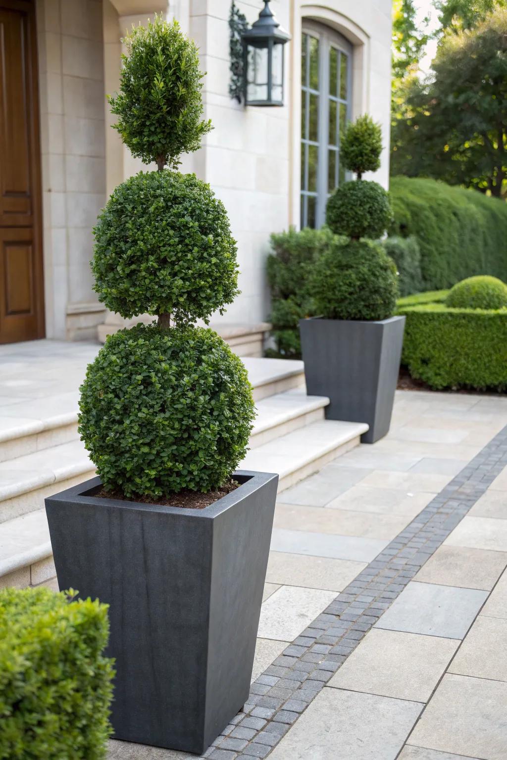 Sophisticated simplicity with boxwood planters by the entrance.