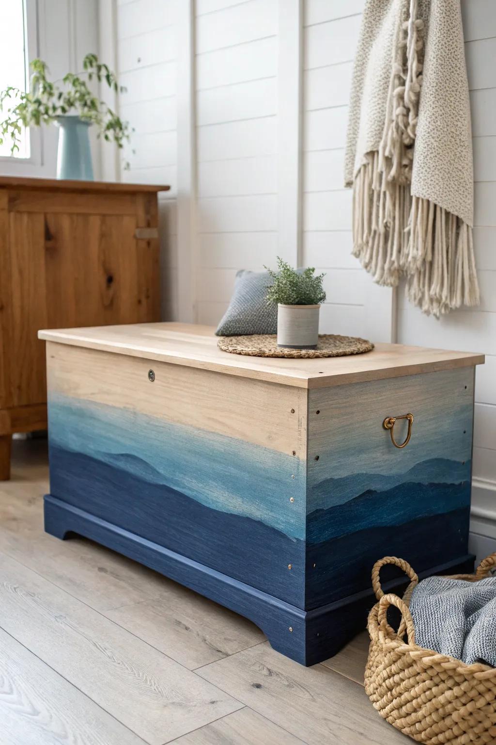 Transform your space with a soothing ombre fade: from deep navy to sky blue, this cedar chest is a masterpiece of minimalist elegance.