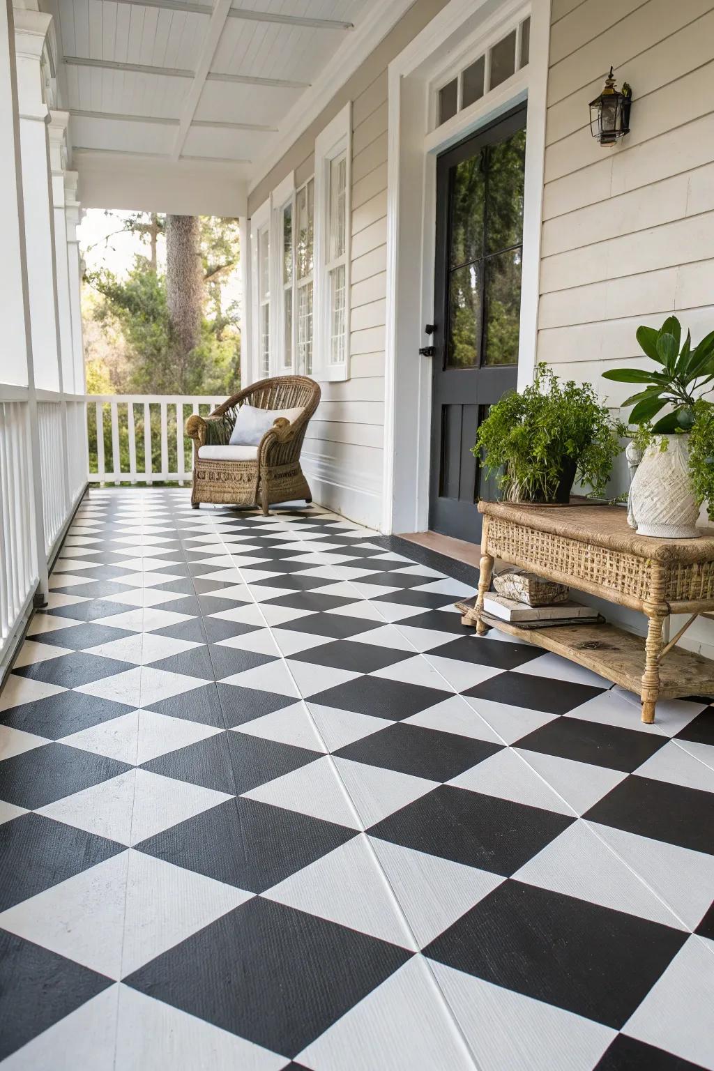 Elevate your porch with the elegance of a classic checkerboard pattern, where simplicity meets timeless style.