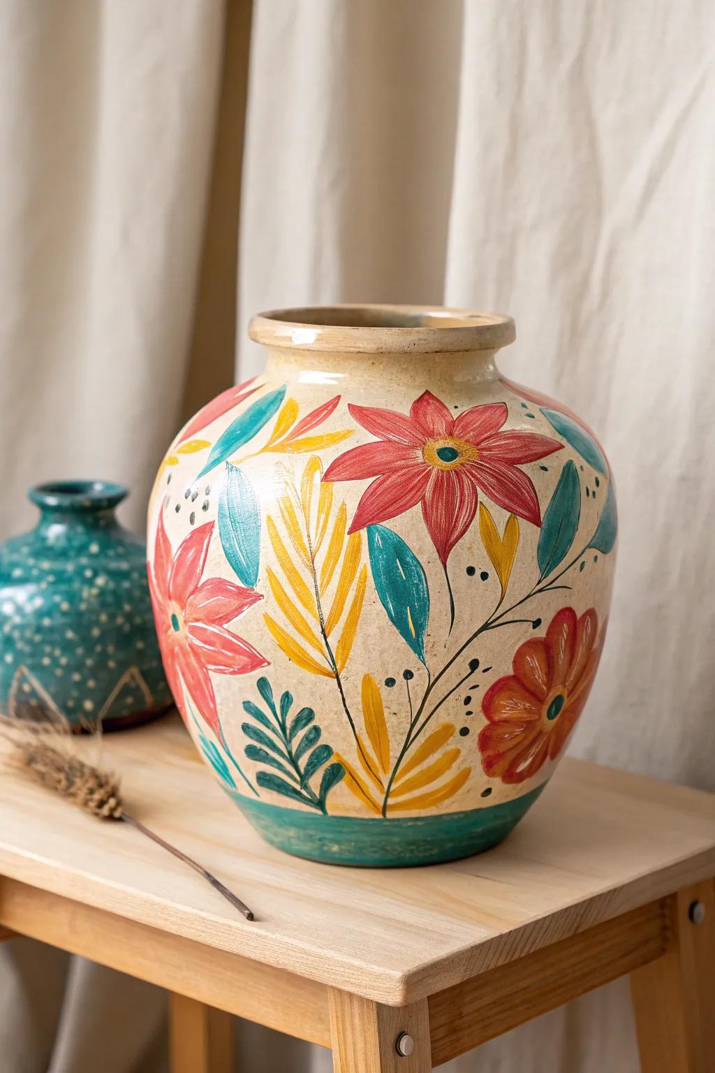 Add a splash of color to your space with vibrant abstract florals on handcrafted ceramic pots.