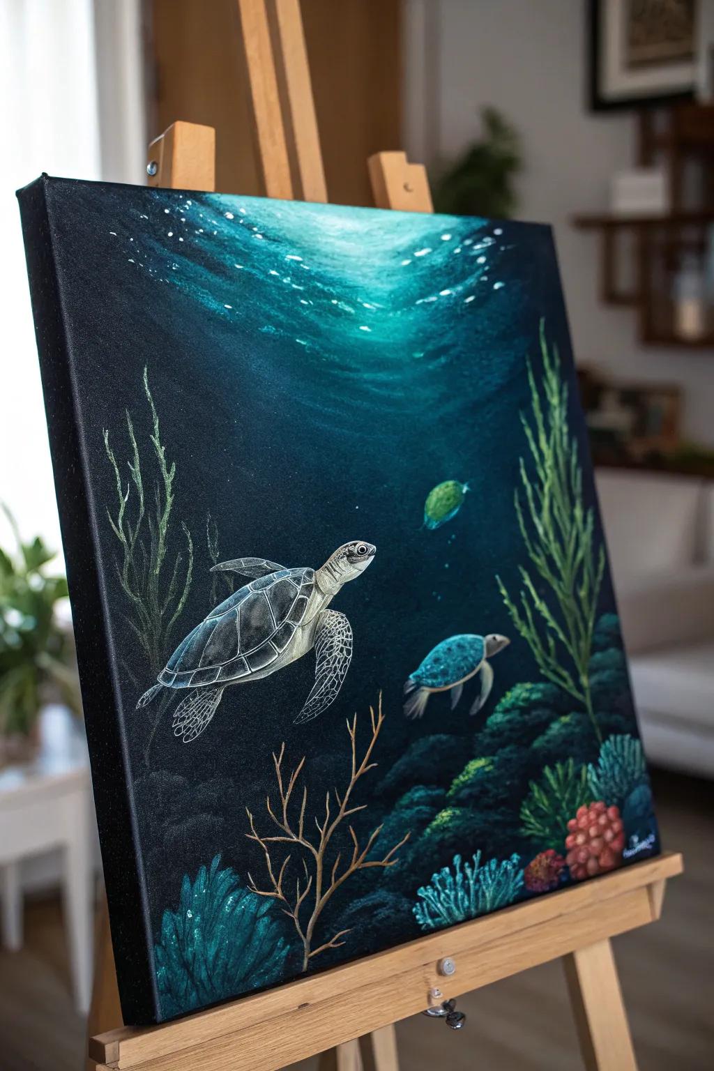 Dive into the serene beauty of ocean depths with this enchanting black canvas masterpiece.