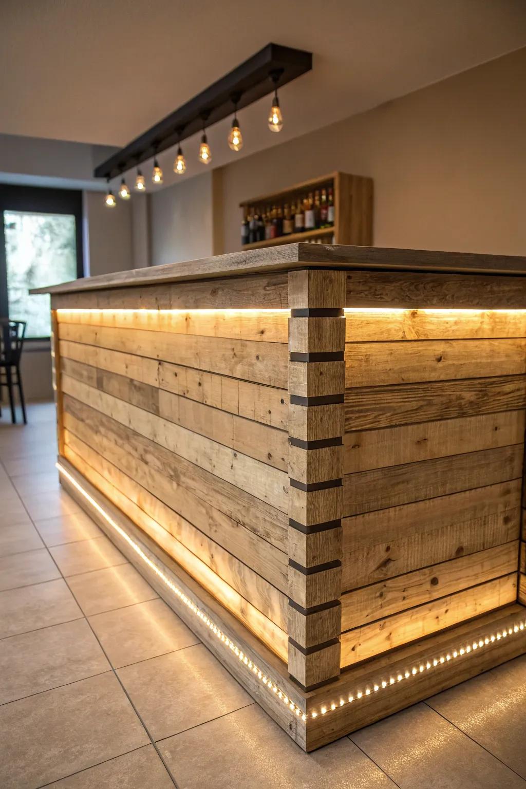 Illuminate your evenings with the rustic charm of a handcrafted pallet bar, enhanced by mesmerizing LED lighting.
