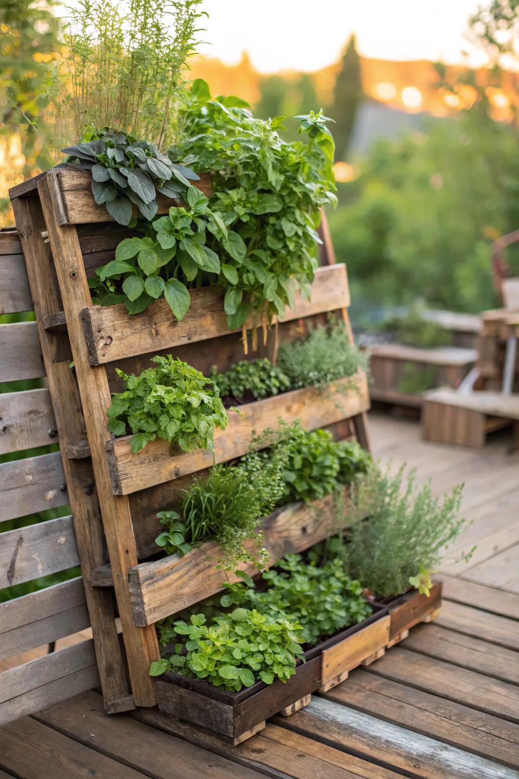 Elevate your outdoor space with a pallet deck and vibrant vertical garden—nature's touch within arm's reach.