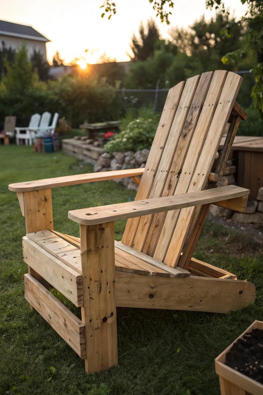 Relax in style: A handcrafted Pallet Adirondack Chair perfect for sunset moments.