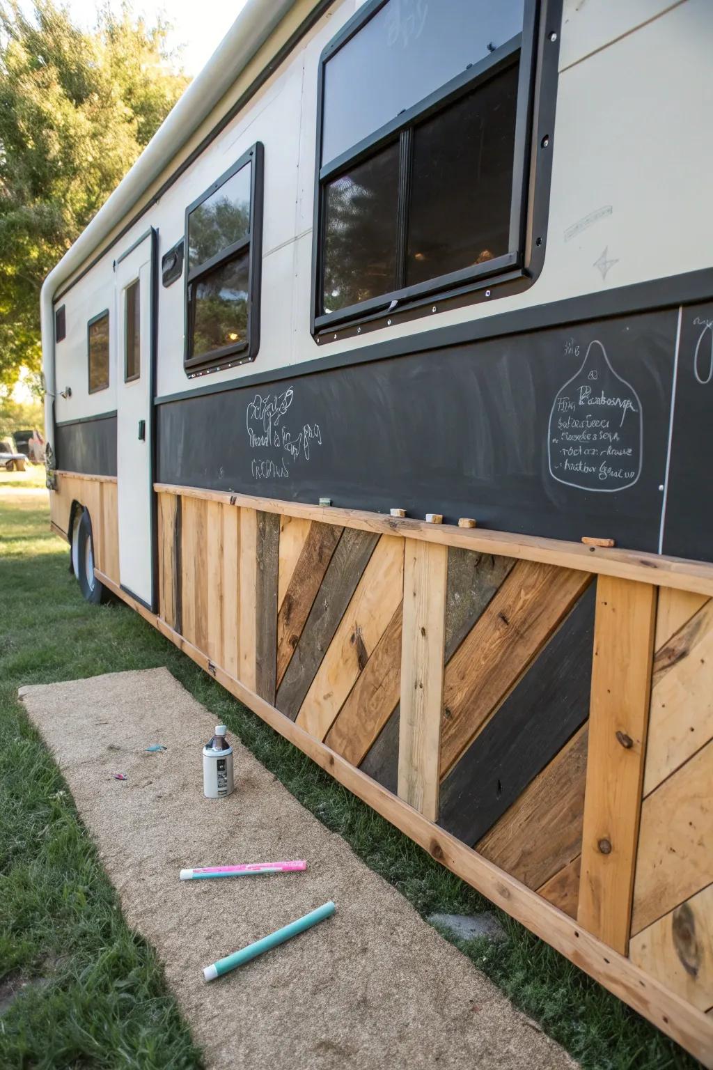 Elevate your RV experience with creative pallet skirting featuring interactive chalkboard panels.