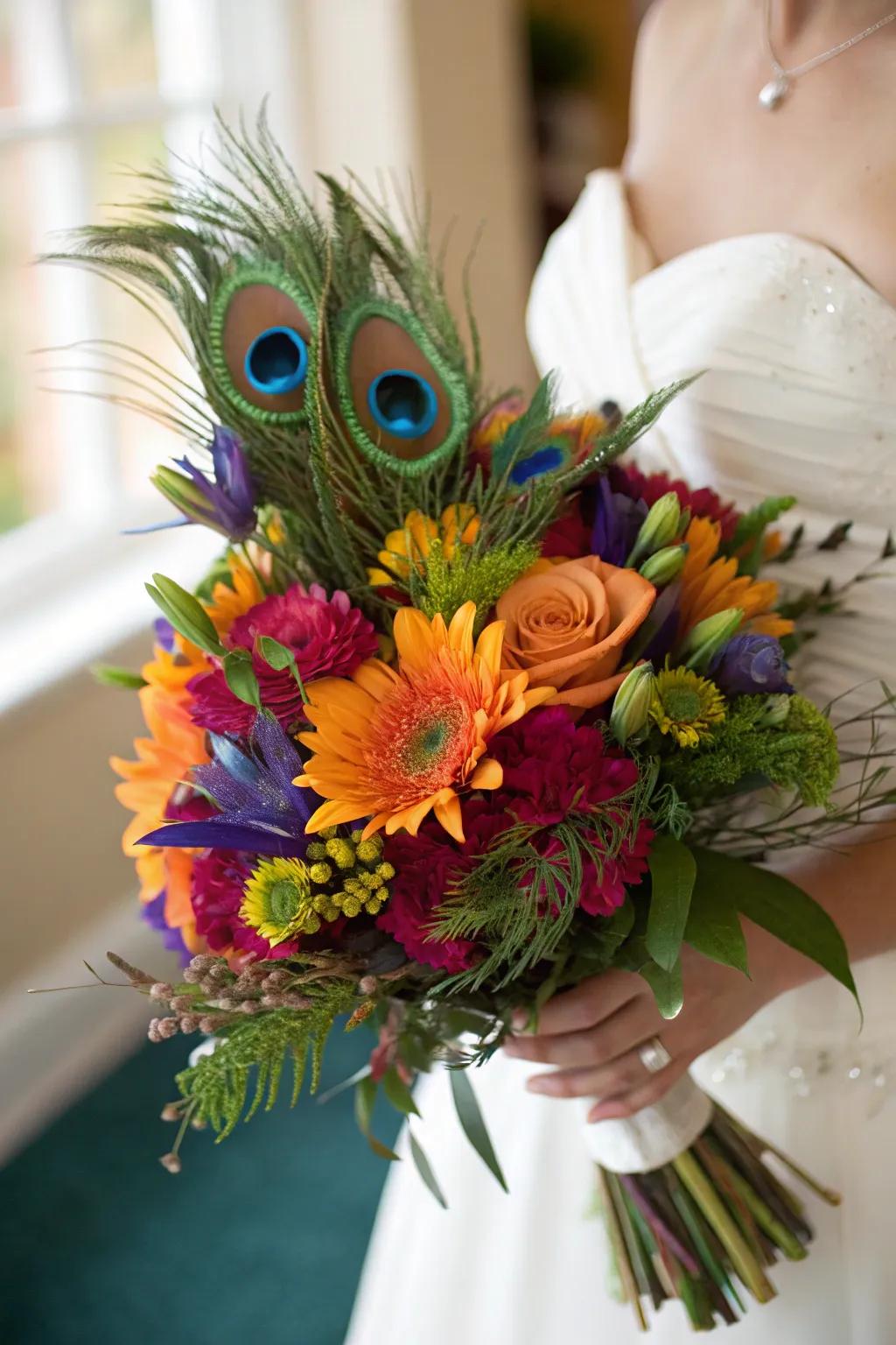 A colorful bridal bouquet featuring striking peacock feathers and vibrant blooms.