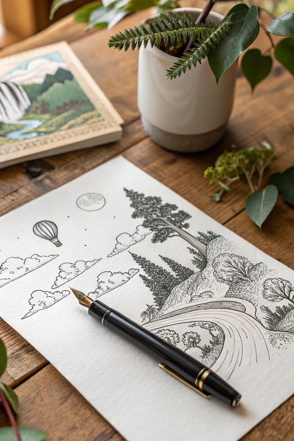Dive into the art of fantasy with intricate ink landscapes that blend reality with imagination.