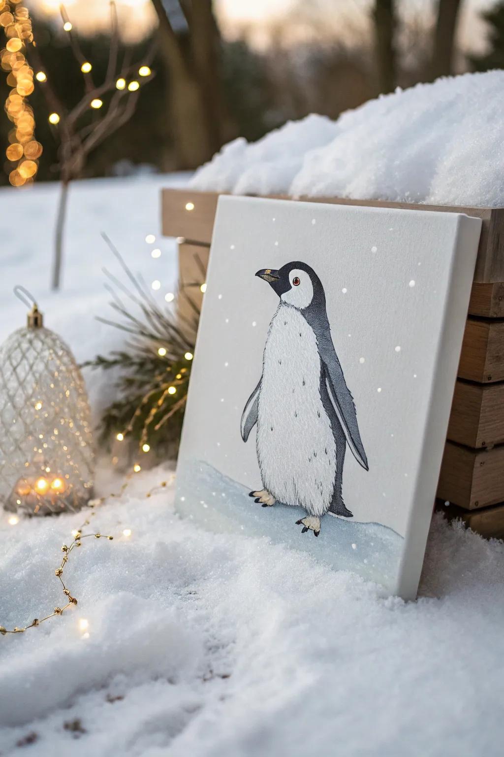 Embrace the magic of winter with a touch of glitter snow in your penguin art.