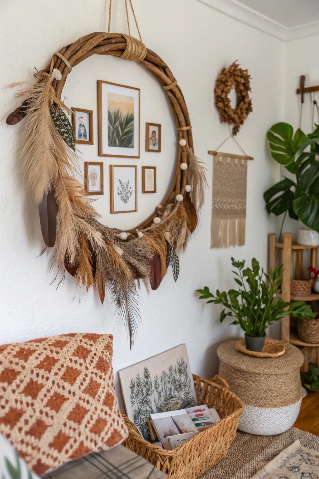 Add boho charm to your decor with a feather-adorned wreath.