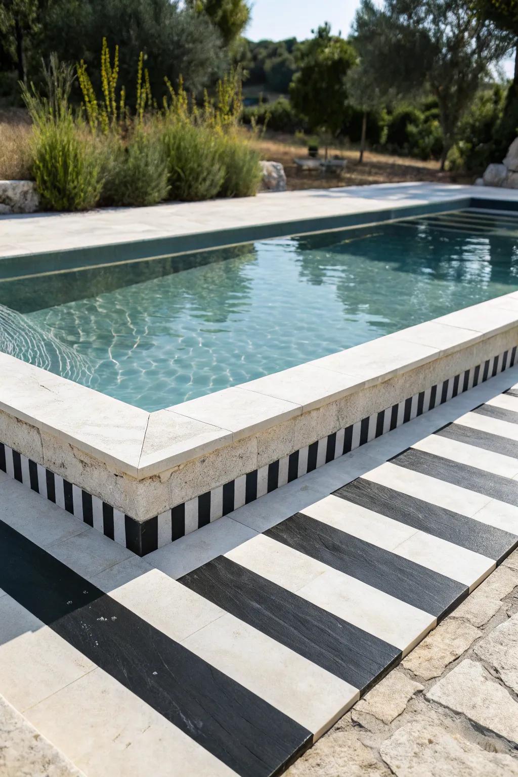 Timeless Elegance: Dive into the classic beauty of black and white pool coping.