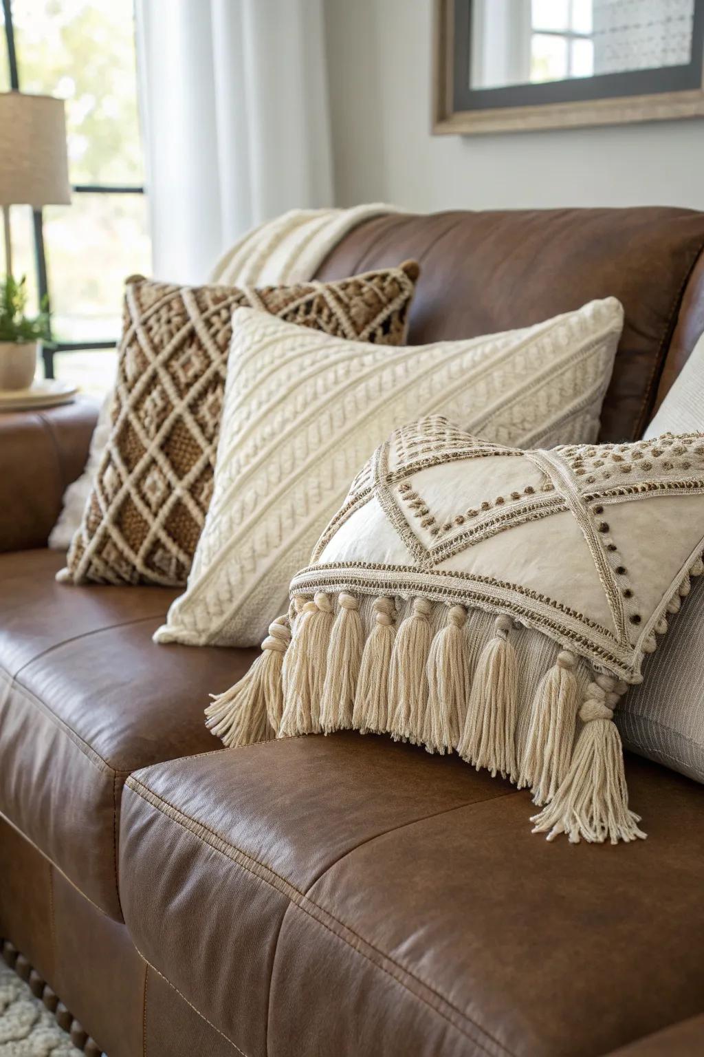 Fringe and tassels introduce a playful touch to a leather couch.