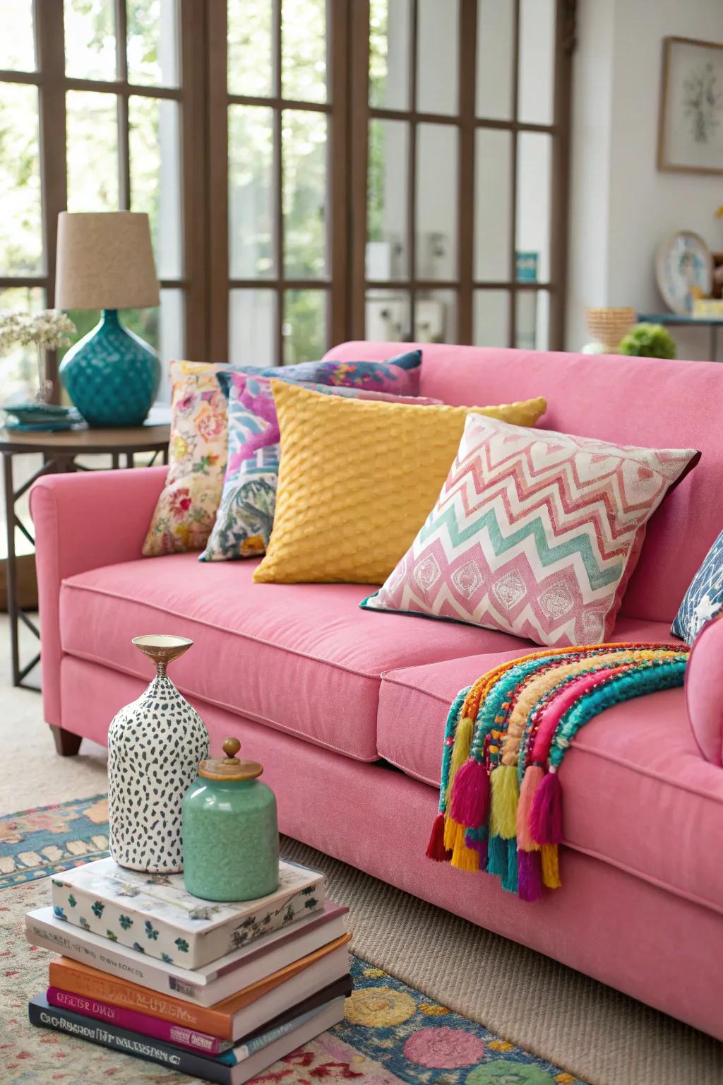 Colorful accents can make a pink couch pop in any setting.