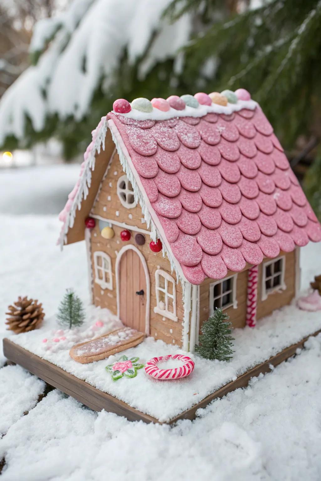 A gingerbread house with textured pink shingles.