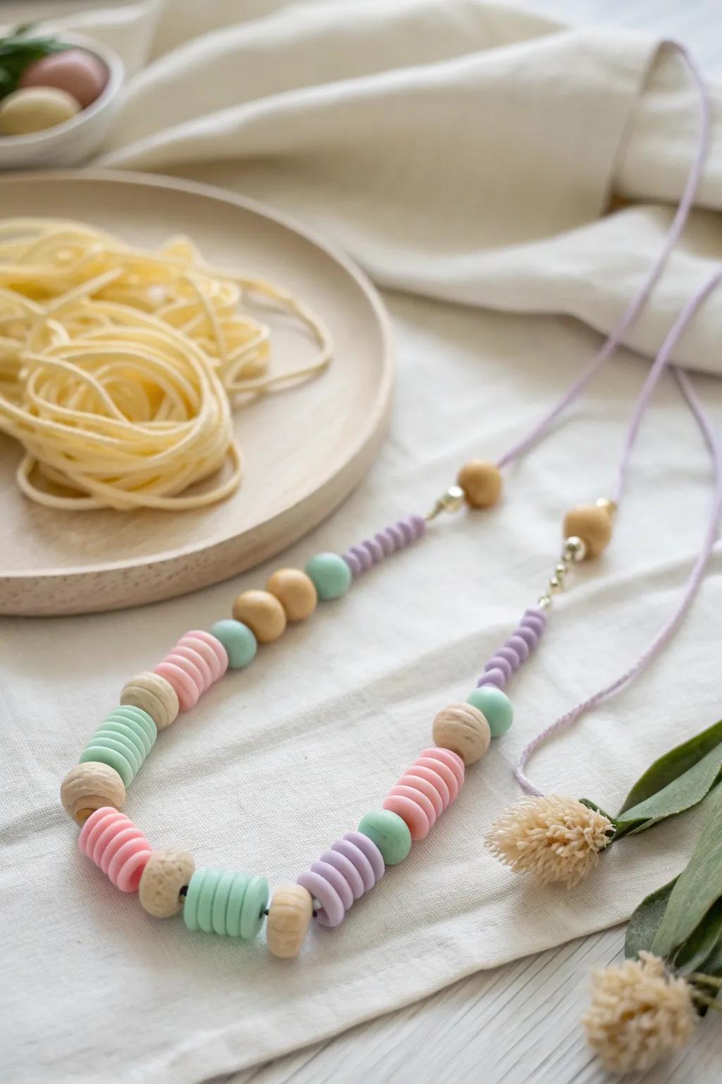 Delight in the simple joy of crafting with this vibrant and charming pasta necklace — a timeless preschool treasure!