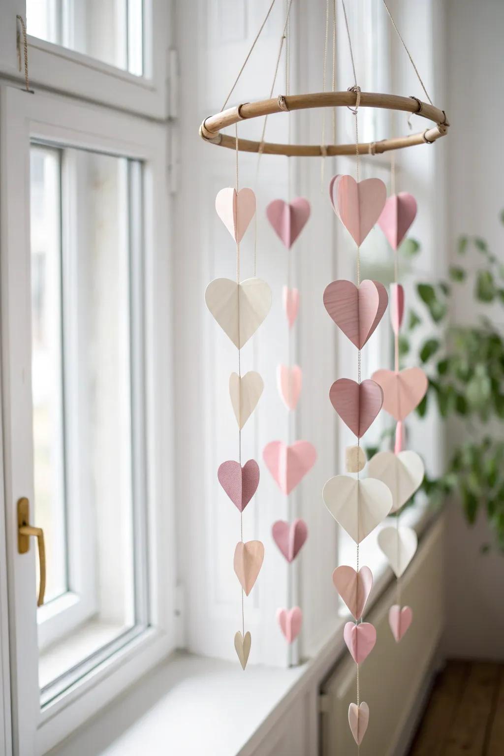 Enchanting simplicity: Craft a floating heart mobile that sways with love and elegance.
