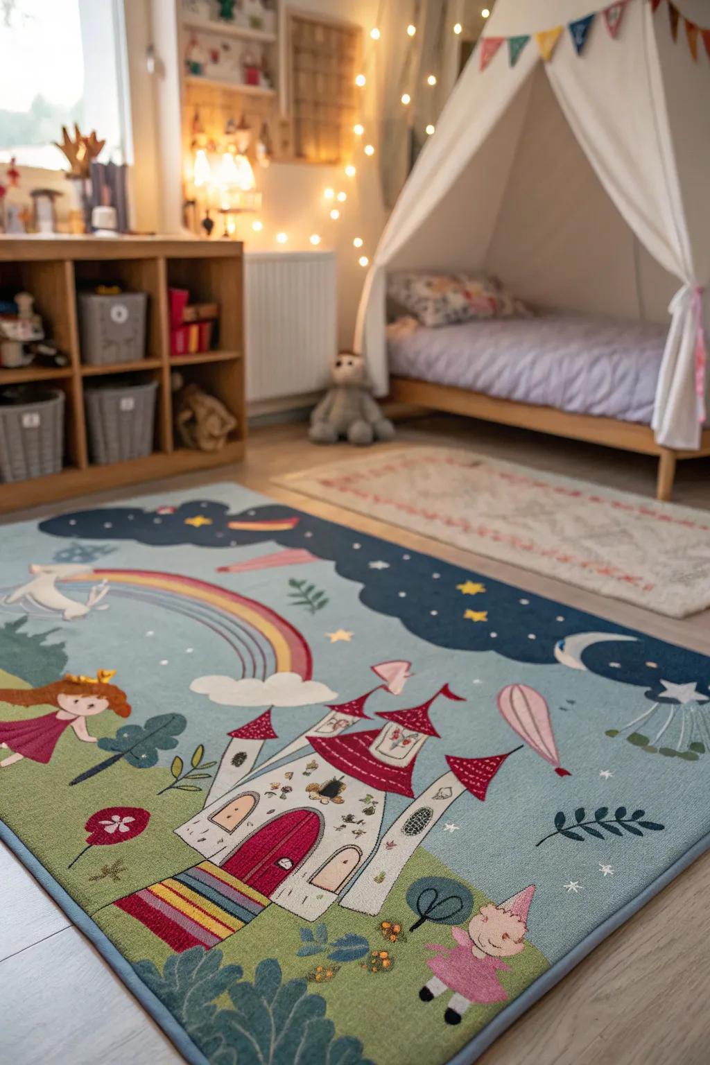 A themed rug adding warmth and tying the room together.